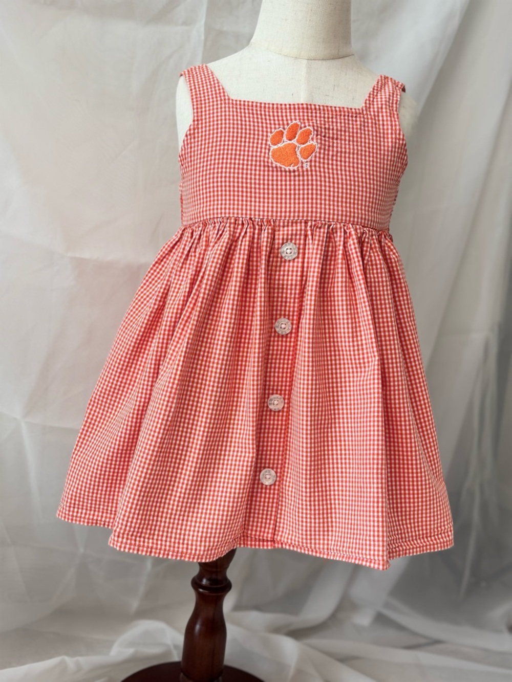 Girls orange Gingham Button-Front Dress with Paw Embroidery